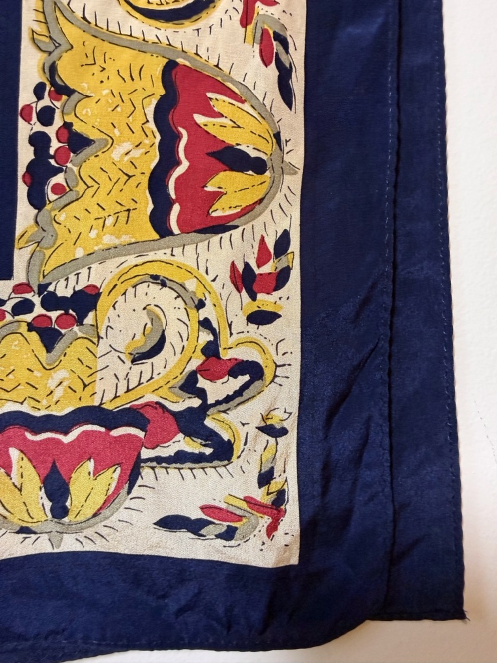 Talbots silk scarf navy yellow red floral batik style rolled edges square - Picture 5 of 6